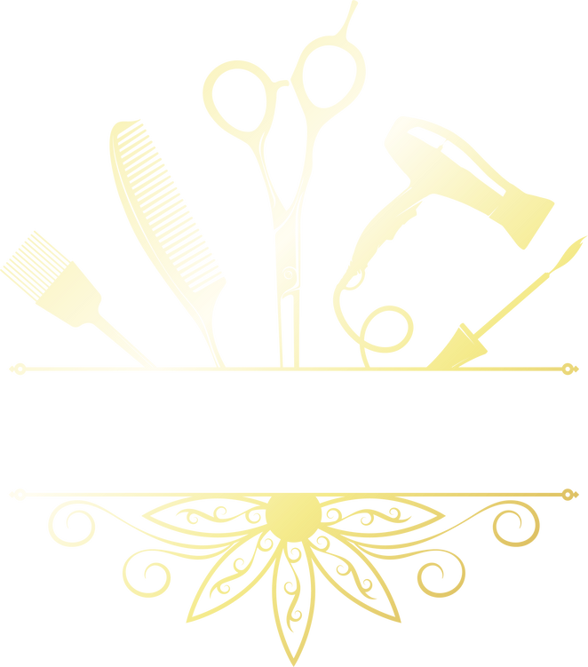 Golden comb scissors hair dryer and curl of hair, beauty salon banner sign